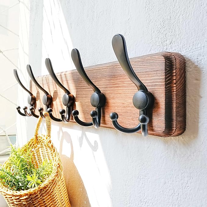 Coat Rack Wall Mounted - 5 Tri Hooks, Heavy Duty, Wooden Wall Coat Hanger Coat Hook for Clothes Hat Jacket Clothing, Natural & Black