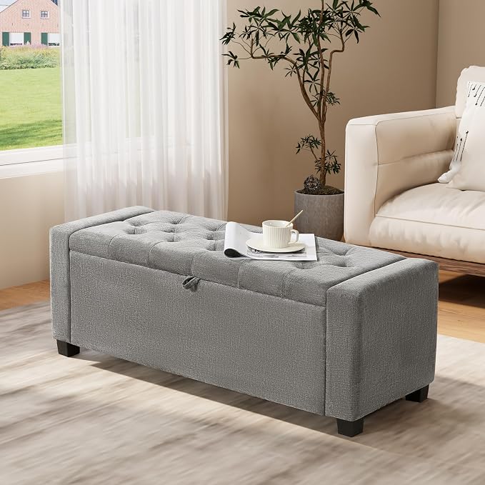 Royal Windsor Ottoman with Storage,Tufted Storage Bench with Safety Hinge,Holds up to 350 lb,Upholstered Bench with Seating for Bedroom, Living Room,Entryway,Linen Light Gray