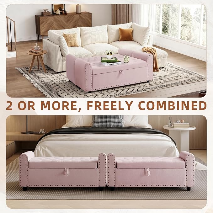 48" Ottoman with Storage, Tufted Storage Ottoman Bench, Convenient Living Room Fabrics Bench Seat, Entryway Shoe Benches with Inner Zipper & Arm, Upholstered Window Seat Ottomans with Rivets,Pink