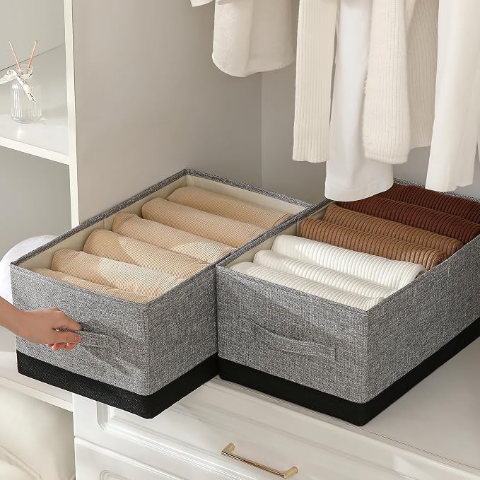 Linen Folding Storage Bins, 3 Pack Large Storage Baskets, Washable, Clothing Storage Bins with Handle, Closet Organizer for Storage Sweater,Sheets (gray black, 18½"x11 x8½)