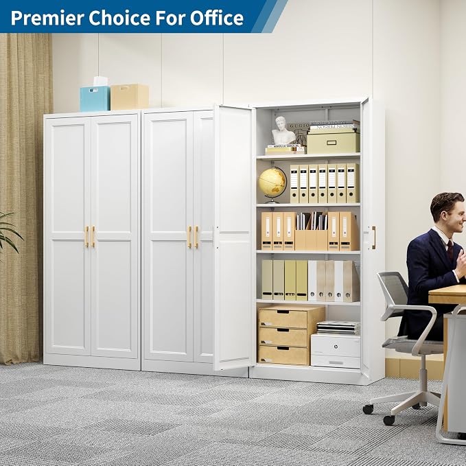 71" Tall White Metal Storage Cabinet with Doors, Heavy Duty | Freestanding Steel Kitchen Pantry Cabinet, 4 Adjustable Shelves (180 Lbs Load), Tall Cabinets for Home, Office and Garage