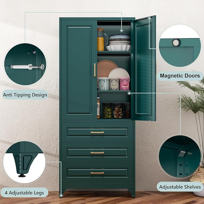 75" Metal Pantry Storage Cabinet with 3 Drawers, Green | Premium Cold-Rolled Steel Frame, Luxury Gold Handles, Adjustable Inner Shelves, Magnetic Doors, Anti-Tipping Kit