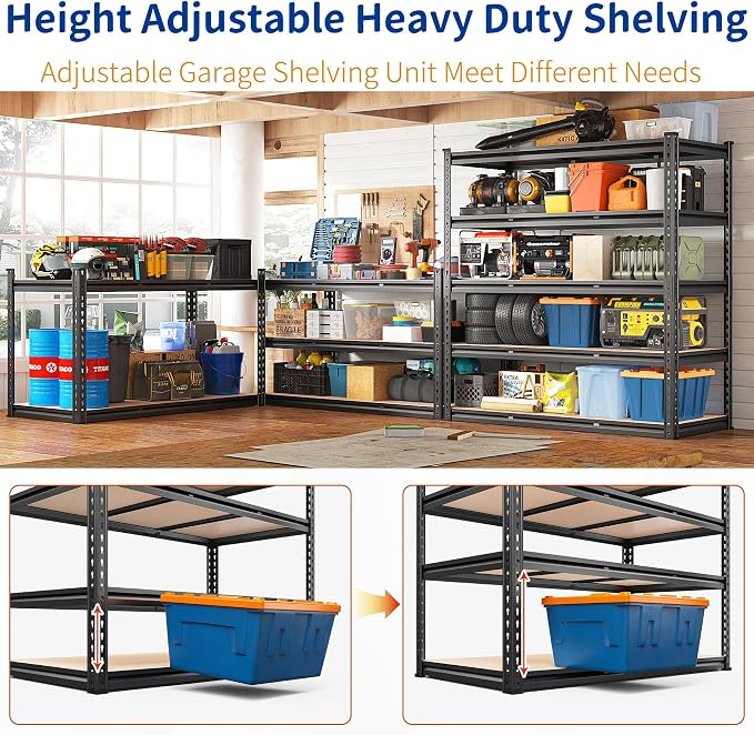REIBII 48" W Garage Shelving 3000LBS Storage Shelves 5 Tier Industrial Shelving Adjustable Metal Storage Shelves for Garage, Basement, Warehouse, Commercial, Easy Assemble, 48" W x 72" H x 18" D, 2PC