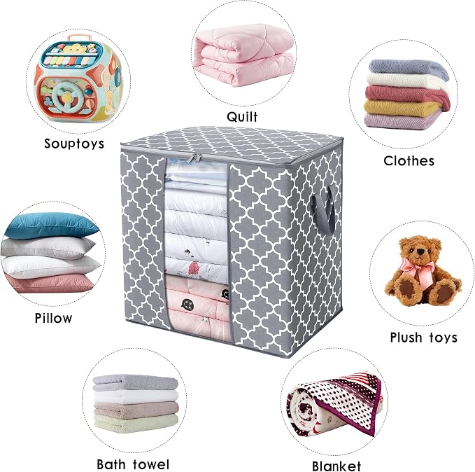 WISELIFE Storage Bags 2 Pack/100L Large Blanket Clothes Organization and Storage Containers for Comforters,Bedding, Foldable Organizer with Reinforced Handle, Clear Window, Sturdy Zippers,Light Gray