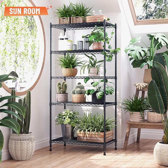 Romorgniz 5-Tier Shelf 1010LBS Storage Shelves Tool-Free Assembly,Adjustable Metal Shelving,Wire Shelving Unit for Kitchen Pantry Closet Laundry Bathroom,Black,4P