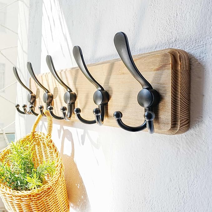 Coat Rack Wall Mount - Heavy-Duty Robust Barnwood-Style Wooden Wall Coat Hanger Hook Rail with 5 Triple Hooks for Winter Coats Hat Jacket Clothing, Weathered Brown & Black