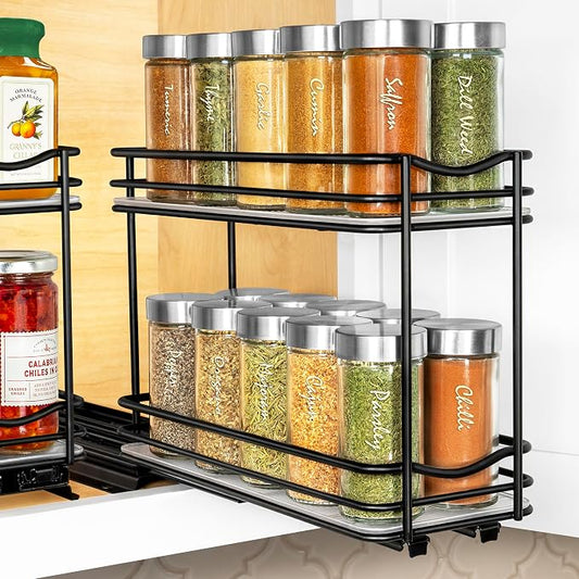 LYNK PROFESSIONAL® Pull Out Spice Organization for Cabinets - 4-3/8 inch Wide – Spice Rack for Inside Cabinets, Slide Out Spice Rack Organizer for cabinet – Pull Out Spice Rack, Sliding 2 Tier Black