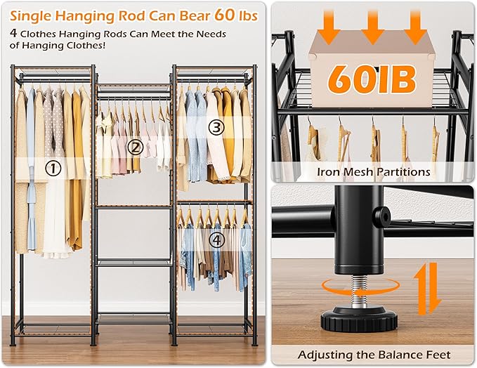 HOMIDEC Wardrobe Closet, 4 Hanging Spaces Portable Clothes Rack,Free Standing Closet Organizer and Storage System with Hanging Rods,Clothing Rack Suitable for Cloakroom,Bedroom,Entrances,etc.Black