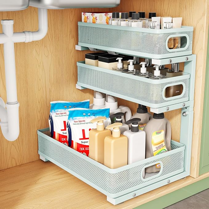 Under Sink Organizer, 1-Pack 3-Tier Height Adjustable Thickened Metal Pull out Cabinet Organizer Shelf, Slide out Storage Drawer Rack for Bathroom Kitchen Pantry Home Organization, LightBlue