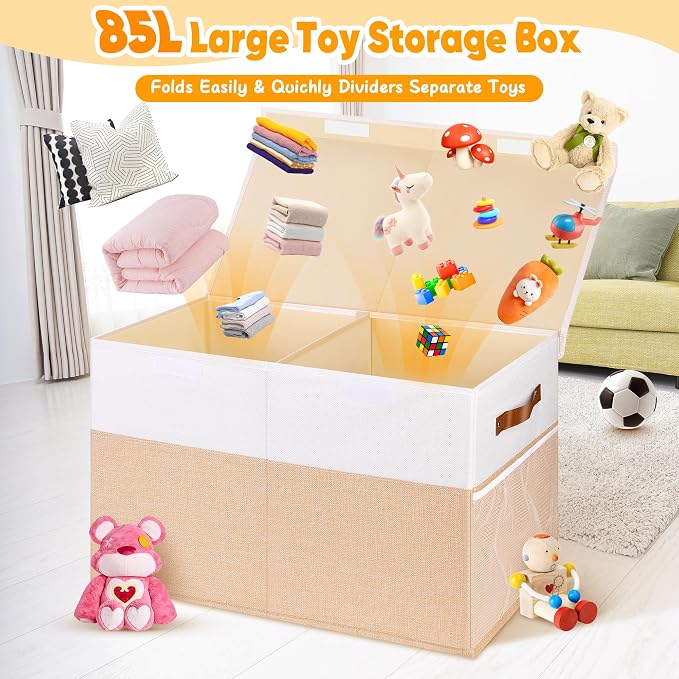 Large Toy Bins Box, Collapsible Storage Chest With Lids, 25"x13"x16" | Sturdy Kids Toy Storage Box with 2 Pockets and Dividers for Boys Girls, Bedroom & Living room Organization, White & Beige