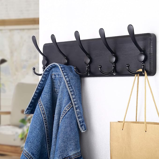 SKOLOO Rustic Wall Mounted Coat Rack: 16" Stud Spacing, Pine Real Wood Plank Wall Coat Rack with 5 Triple Hooks, Farmhouse Coat Hanger Wall Mount for Hanging Backpack Jacket Coat Hat,Pack of 2