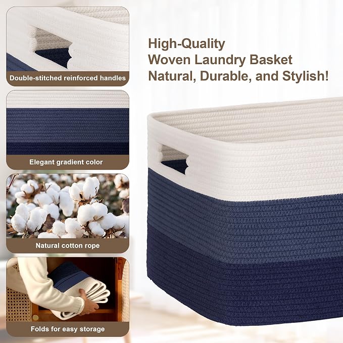 60L Woven Laundry Basket Hamper with Handles, Gradient Blue | collapsible wicker hamper, storage for dirty clothes, toys, blankets, gifts, living room, bedroom, bathroom, 21"x15"x11"