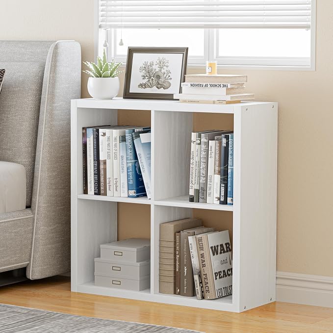 VDNEND Cube Storage Organizer Bookcase, Decorative 11 inch Open Back Cubical Shelf with Thickened Border, Display Bookshelf for Living Room, Home Office, Sturdy Room (White, 4 Cube)