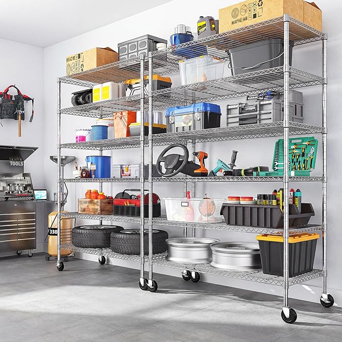 Romorgniz 6-Tier Rolling Storage Shelves with Locking Wheels, Chrome, 2PC | Heavy duty 6-tier wire shelving unit, 1200lbs capacity, Adjustable shelves, Rust-proof chrome, For pantry, kitchen, basement