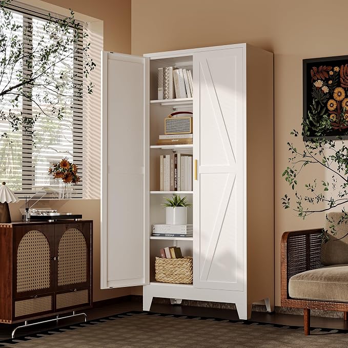 71" H White Pantry Cabinet,Metal Storage Cabinets with Doors and Shelves,Tall Food Kitchen Cabinets,Farmhouse Kitchen Cabinet,Freestanding Cabinet