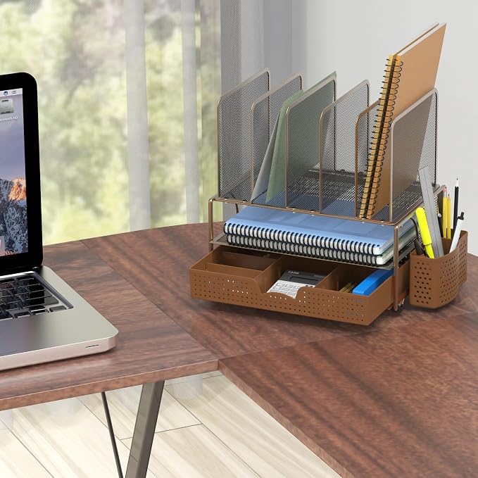 Simple Houseware Desk File Organizer for Office Supplies w/Drawer, Copper | Double Tray, Pencil Holder, and 5 Upright Sections with Sliding Drawer