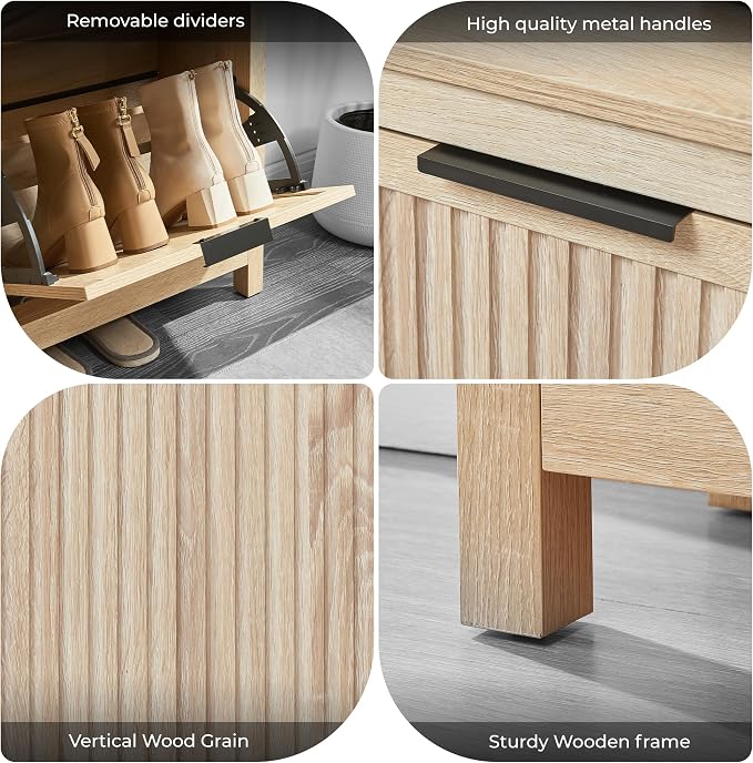 4-Flip Drawer Shoe Cabinet Narrow Entryway Rack, Oak | Vertical Wood Grain, Metal Handles, Adjustable Compartments, Removable Shelf, Anti-Tip Device, for Hallway Foyer Entryway