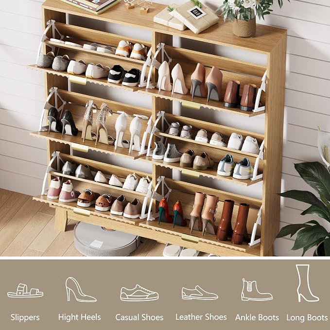 HUANLEGO Shoe Cabinet Storage for Entryway with 6 Flip Drawers, Fluted Narrow Shoe Organizer with Wooden Legs, Freestanding Slim Shoe Storage Hidden Shoe Rack Organizer for Front Door Entrance, Oak