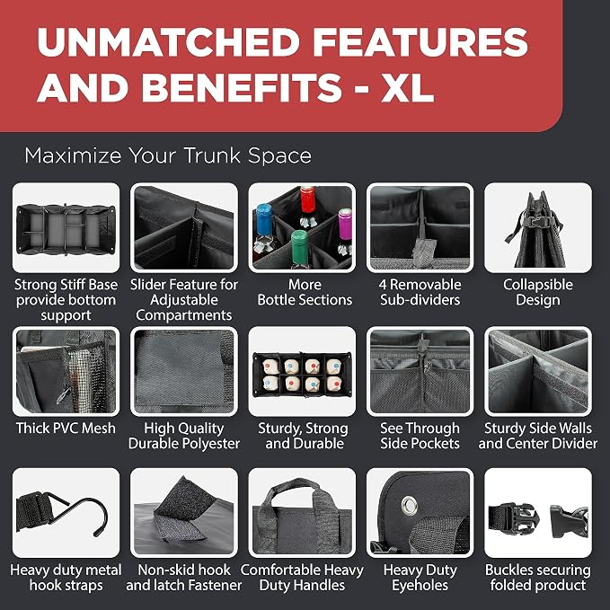 Car Trunk Organizer for SUV, Truck & Auto Cargo Storage, Black, XL | Fits Cars, SUVs & Trucks 6 Adjustable Compartments Non-Slip Base & Securing Straps Foldable 11 Pockets Car Accessories
