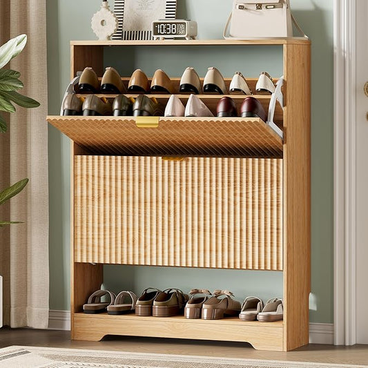 Xixini Shoe Storage Cabinet for Entryway with 2 Flip Drawers, Hidden Slim Wood Shoe Organizer with Modern Fluted Panel, Freestanding Narrow Shoe Rack for Front Door Entrance, Hallway, Foyer, Oak
