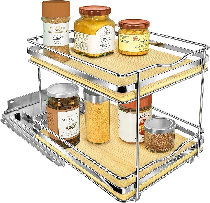 LYNK PROFESSIONAL® Élite™ Pull Out Spice Organization for Cabinets - 8-3/8 inch Wide – Spice Rack for Inside Cabinets – Wood/Chrome - Sliding Spice Rack Organizer for cabinet – Spice Rack - 2 Tier