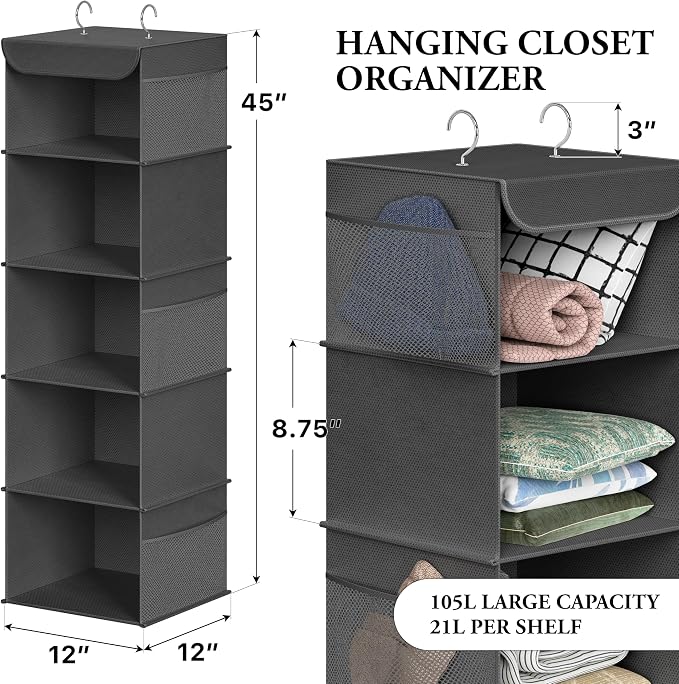 Simple Houseware 5 Shelf Hanging Closet Organizer, Dark Gray | 360° Rotating Dual Hooks, Top Support Metal Frame, 6 Side Mesh Pockets