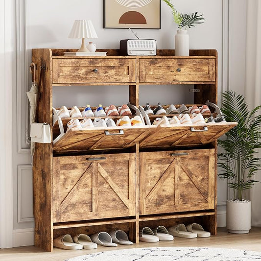 Shoe Cabinet with 4 Flip Drawers & 2 Top Drawers, 43" Tall Freestanding Narrow Wooden Shoe Storage Organizer for Entryway, Hidden Slim Shoe Rack for Front Door Entrance, Hallway, Living Room, Brown