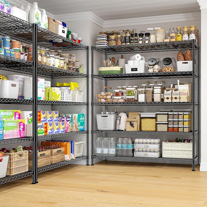 DurayLoly 45"W Heavy Duty 5-Tier 1000LBS Storage Shelves, Adjustable, Black | 13.5"Dx70.5"H, Commercial steel, Rustproof, Leveling feet, Tool-free assembly, For kitchen, pantry, garage, greenhouse