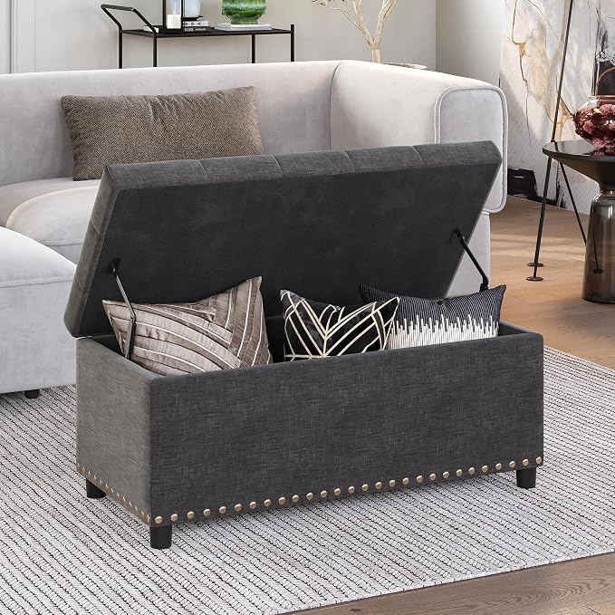 BELLEZE Storage Ottoman, Tufted Ottoman with Close Hinge, Foot Rest for Living Room (Dark Gray, 31 inch)