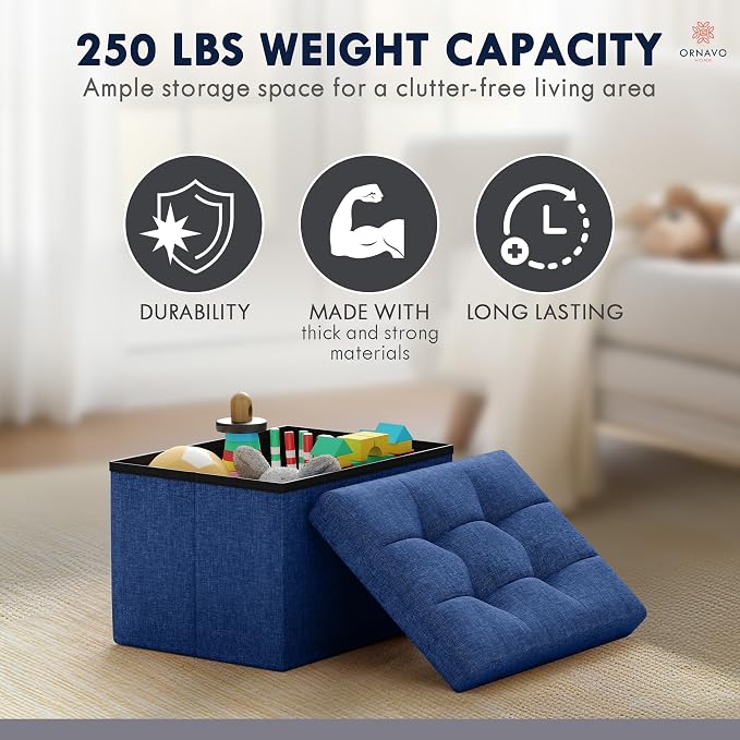 Ornavo Home Small Rectangle Storage Ottoman, Foldable Linen, 12x16x12, Navy | Collapsible Cube Design; Foot Rest Stool Seat; Ideal for Living Room, Bedroom, Home Office or Dorm