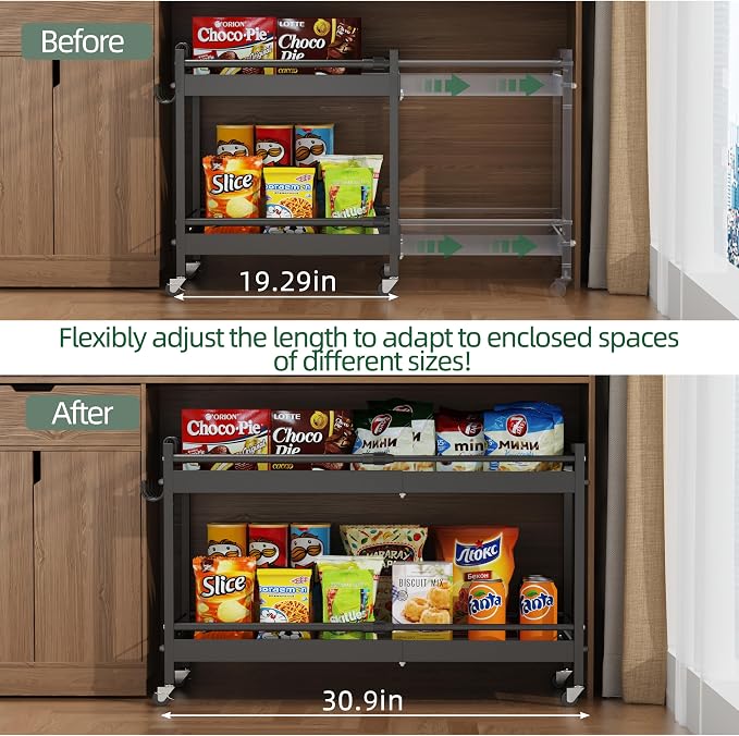 2 Tier Expandable Rolling Cart with wheels, pantry organizers and storage | kitchen Storage Cart for cans,food,snack and appliances，Adjustable shelf board height，Black,12.59"D×19.29-30.9"W×19.29"H