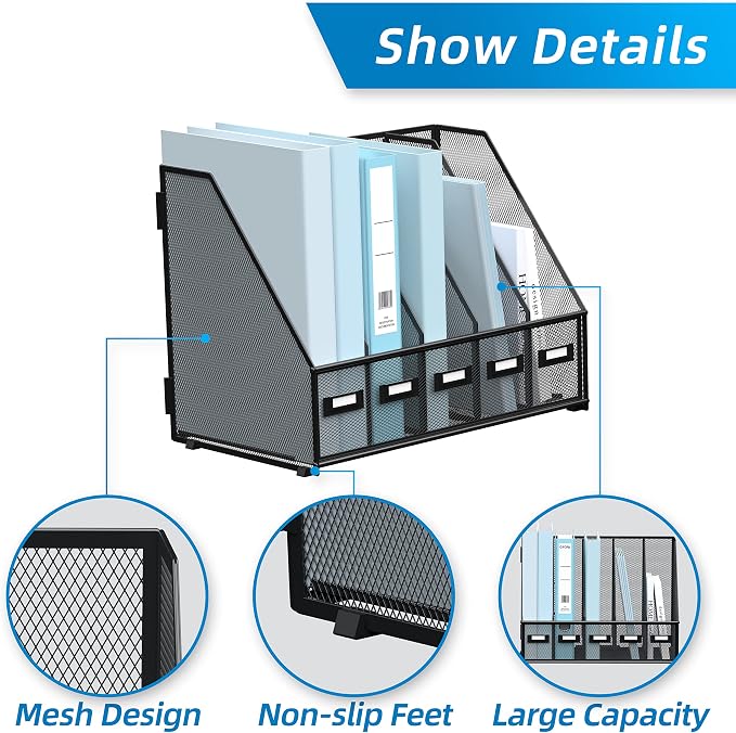 SUPEASY Desk Organizers Metal Desk Magazine File Holder with 5 Vertical Compartments Rack File Organizer for Office Desktop, Classroom, Home Workspace, Black
