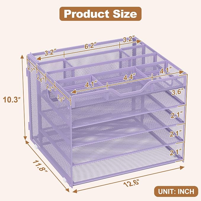 Docnest 5 Tier Desk Organizer with Hanging File Folder Holder&Tray, Purple | Features 3 detachable pen holders and 4 removable dividers.Versatile mesh desktop storage for mail, document,office supplie