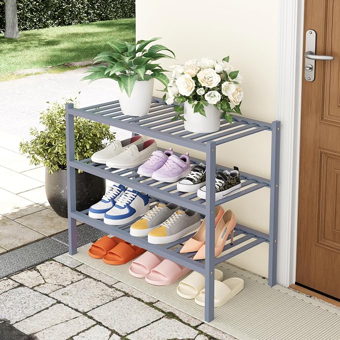 Smiry Bamboo Shoe Rack, 14 Vertical Slats, 3 Tier - 26.8" Wide, Grey | Stackable Free Standing Wooden Shoe Organizer, Wood Shoe Storage Shelf for Closet, Entryway, Thicher Leg