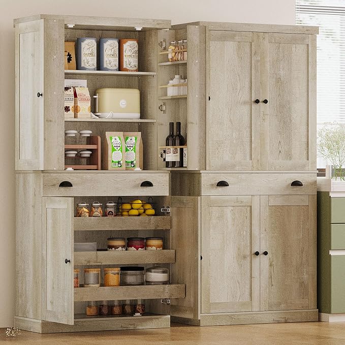 IRONCK Kitchen Pantry Cabinet 72" Height, Freestanding Cupboard with Drawer, Sliding Storage Rack, and 6 Hanging Shelves for Dining Room, Laundry, Rustic Maple