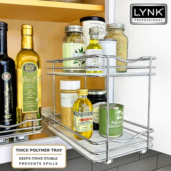 LYNK PROFESSIONAL® Pull Out Spice Organization for Cabinets - 6-3/8 inch Wide – Spice Rack for Inside Cabinets, Slide Out Spice Rack Organizer for cabinet – Pull Out Spice Rack, Sliding 2 Tier Chrome