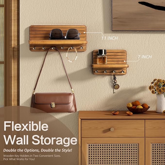 Rebee Vision Small Key Holder Wall Mount with 4 Hooks for Entryway, Yellow | Pine Wood, Round Corner, Key Holder for Wall, Mini Floating Shelf, Plant Display, Space-Saving, Tidy Home Accent