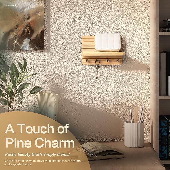 Rebee Vision Key Holder Wall Mount with 4 Hooks for Entryway, Natural Wood | 7-Inch, Pine Wood, Key Holder for Wall, Floating Shelf, Mail Organizer, Plant Display, Small-Space Organizer, Tidy Home Decor