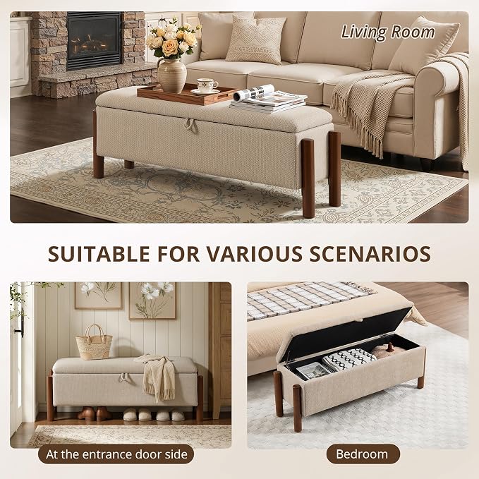 55'' Modern Storage Ottoman Benches | Walnut Wood Legs 26 Gallons Storage Space Fabric Upholstered Seating End of Bed for Bedroom Livingroom Khaki