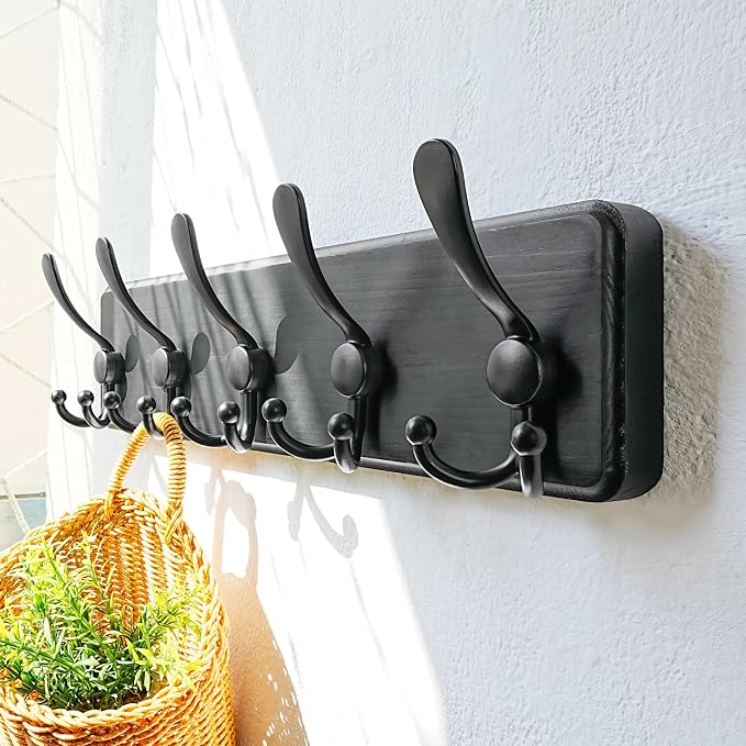 Coat Rack Wall Mounted - 5 Tri Hooks, Heavy Duty, Wooden Wall Coat Hanger Coat Hook for Clothes Hat Jacket Clothing, Black