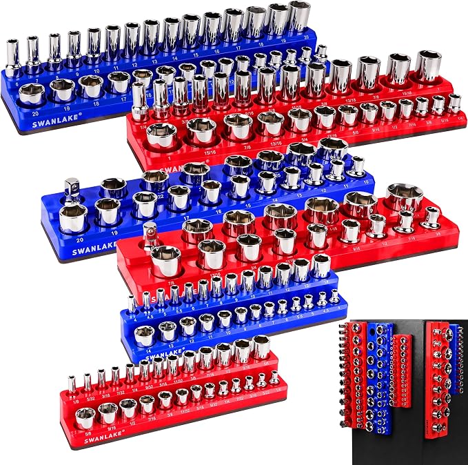Magnetic Socket Organizer Set, 6PCS Socket Holder, 1/4", 3/8", 1/2" Sockets Holds 143 Pieces Magnetic Sockets Trays (Blue&red, 6 Pcs)