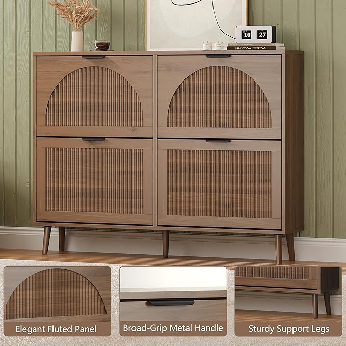 BORNOON Shoe Cabinet for Entryway with 4 Flip Drawers, Slim Wooden Shoe Storage Organizer with Modern Fluted Pannel，Freestanding Narrow Hidden Shoe Rack for Hallway, Foyer, Living Room
