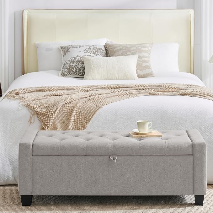 Huatean Home 43" Ottoman with Storage, Light Gray Storage Ottoman Bench | Upholstered Entryway Bench with Seating for Bedroom, Living Room with Safety Hinge, Holds up to 330 lb
