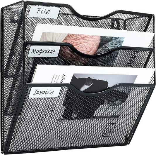 PAG Hanging Wall File Holder Mail Organizer Wall Mount Document Letter Rack, 3-Tier, Black