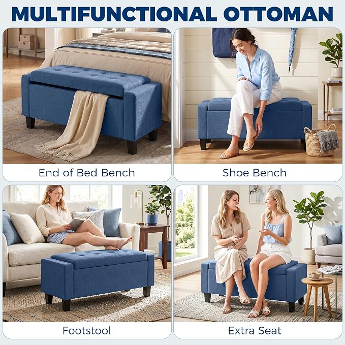 HOMCOM 36.6" Tufted Fabric Rectangular Storage Ottoman Bench Blue | With Armrests, Wooden Legs, Holds up to 528 lbs, for Entryway Living Room Bedroom