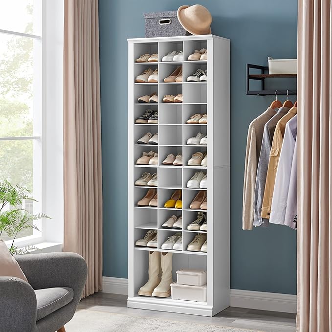 Hzuaneri 11 Tiers Shoe Storage Cabinet, Tall Shoes Cabinet with Cubby | Freestanding Wooden Shoe Organizer, 30-33 Pairs, Shoes Cubby Organizer for Entryway, Bedroom, White 02001BSR