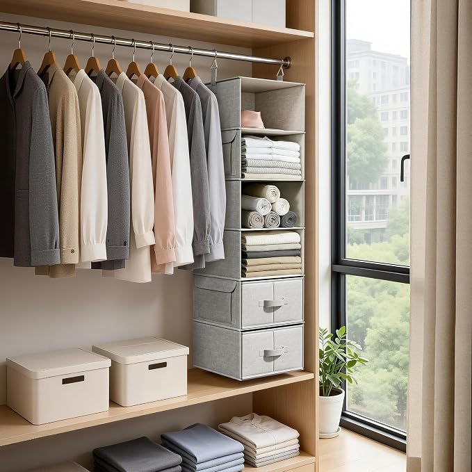 Vailando 6-Shelf Hanging Closet Organizer with 3 Drawers, Closet Hanging Shelves with Removable Fabric Drawers for Wardrobe, Nursery & Dorm Storage, Silver Gray