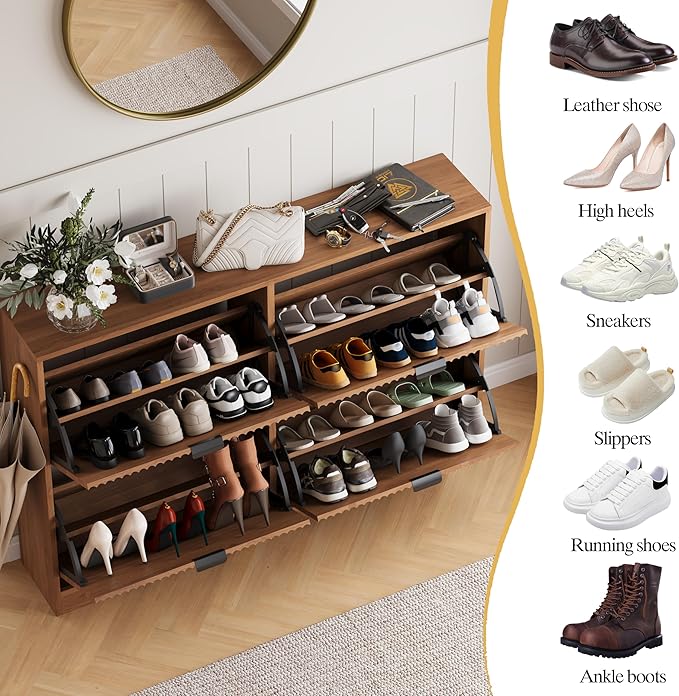 Shoe Cabinet Storage for Entryway with 4 Flip Drawers, Walnut Fluted Shoe Cabinet with Adjustable Shelves, Wooden Hidden Shoe Rack Freestanding Narrow Slim Shoes Storage for Hallway, Entrance