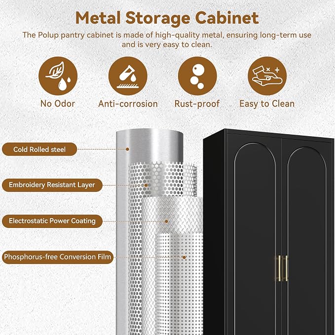 Polup 75" Tall Metal Kitchen Pantry Storage Cabinet with Doors and Shelves | Black Heavy-Duty Steel, 4 Adjustable Shelves & Magnetic Latch, Leveling Feet & Anti-Tip, for Office, Garage, Laundry & Home