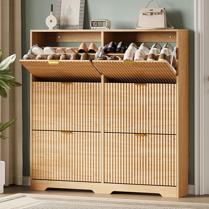 Xixini Shoe Storage Cabinet for Entryway with 6 Flip Drawers, Hidden Slim Wood Shoe Organizer with Modern Fluted Panel, Freestanding Narrow Shoe Rack for Front Door Entrance, Hallway, Foyer, Oak